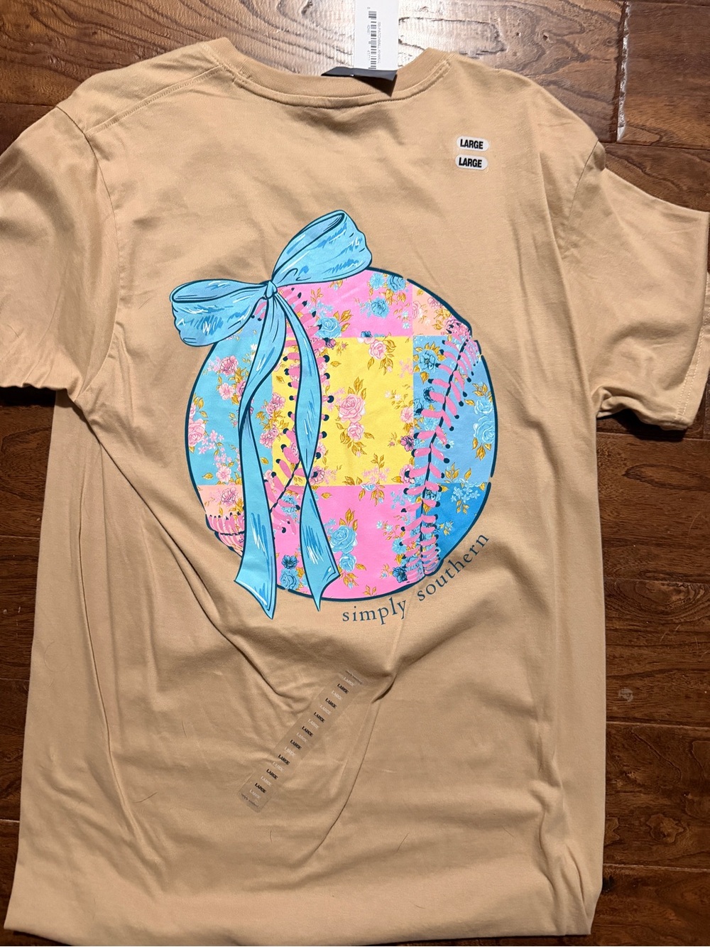 Simply Southern Tan Tee with Pastel Floral Patchwork and Blue Bow
